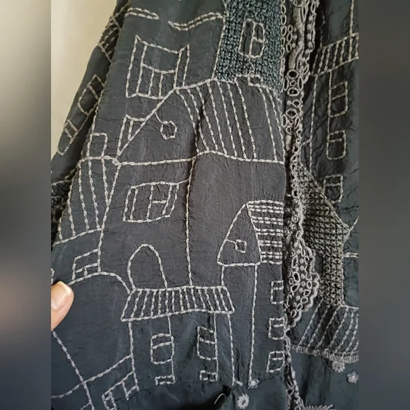Johnny Was Size Large  Graphite Grey Bird & House Motif Sheer Kimono Cardigan. - Picture 9 of 16
